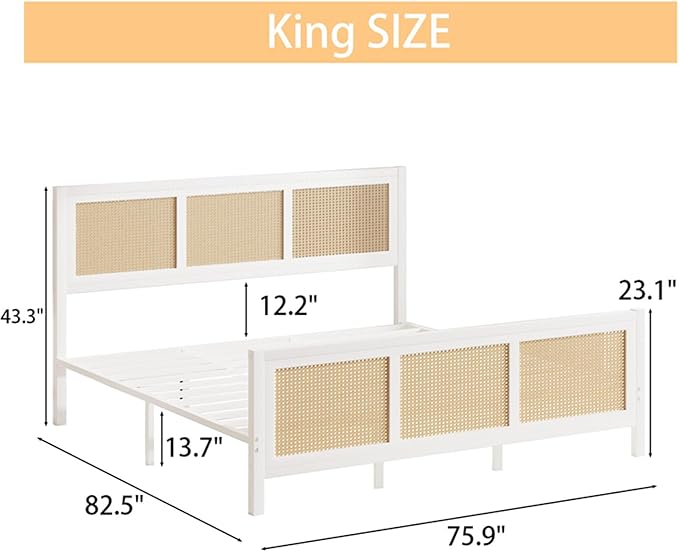 Rattan Bed Frame, Boho King Bed Frame and Headboard, Metal Platform King Size Bed Frames with Strong Slat Support, No Box Spring Needed, Noise Free, Easy Assembly, White