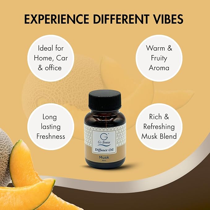 G’s Breeze Musk Diffuser Oil Refill – Warm, Rich & Soothing Musk Scent – Ideal for Bedrooms, Living Rooms, Offices & More – Elevate Your Space with a Timeless Aroma – 60 ML
