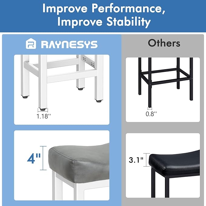 Counter Height Bar Stools Set of 3, 24 Inch Barstools for Kitchen Island Counter, Bonded Leather Kitchen Stools with Thick Saddle Seats & Heavy Duty Metal Base, Easy Assembly, Gray/White