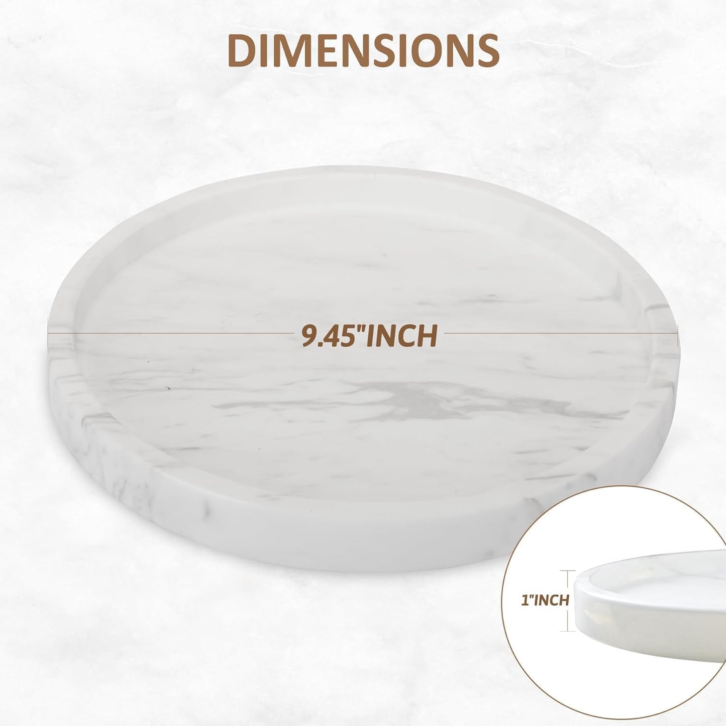 WORHE Natural Marble Decorative Tray for Bathroom Bedroom Kitchen Dresser, Round Vanity Trays for Jewelry, Perfume, Cosmetic, Candle, Countertop Storage Organizer for Home Decor Color White (TP601)