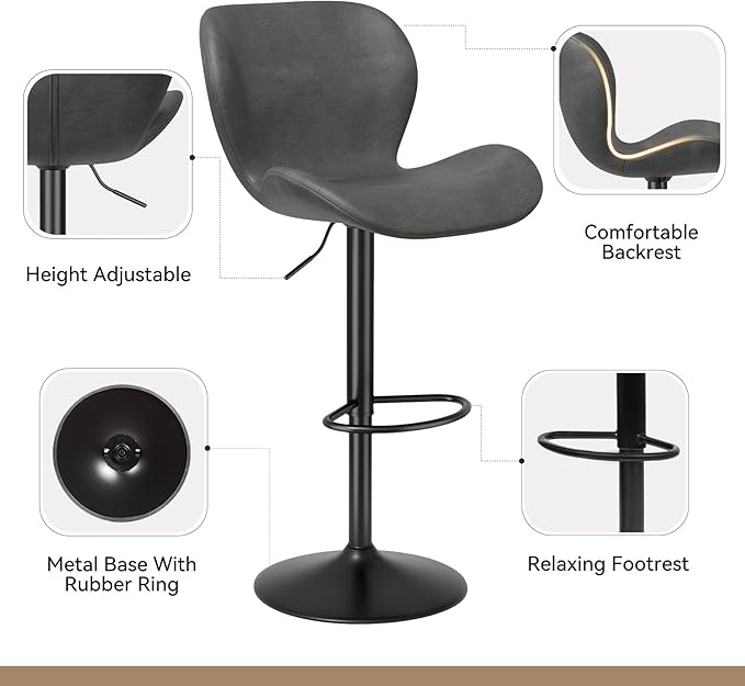 Nalupatio Swivel Bar Stools Set of 4,PU Leather Upholstered Barstools with Back & Footrest, Seat Adjustable Height 22.2-31IN Counter Height Bar Chairs for Bar Kitchen Island,Dark Grey