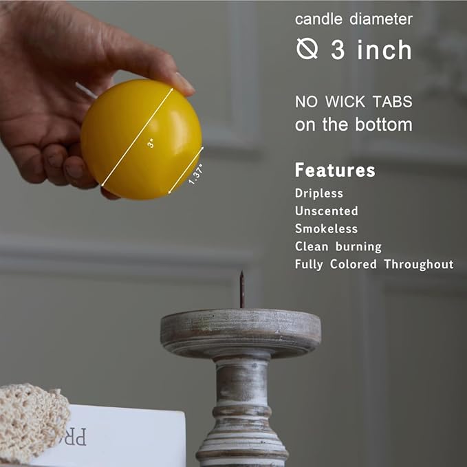 MOZEAL Hand-Poured, 3 Inch Yellow Round Ball Candles - Elegant Yellow Round Pillar Candles Set of 3, Dripless, Unscented, Smokeless, Ideal for Spring and Summer Parties.