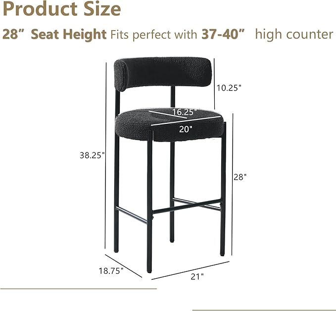 28'' Boucle Bar Stools Set of 3, Black Bar Stools with Backs, Counter Height Bar Height Stools for Kitchen Island, Upholstered Bar Chairs