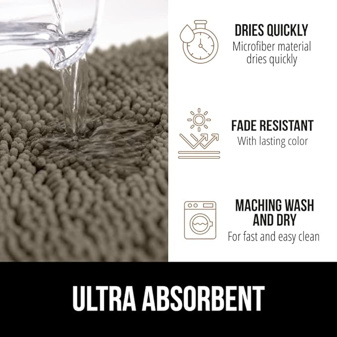 GORILLA GRIP Bath Rug Mat 30x20, Thick Soft Absorbent Chenille, Quick Dry Microfiber Mats, Rubber Backing Washable Shower Floor Rugs, Bathmat Runner, US Designed Bathroom Home Decor Accessories Latte
