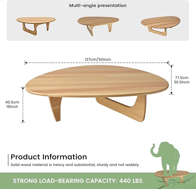 Solid Wooden Modern Triangle Coffee Table: Unique Funky Coffee Tables for Living Room, Oval Mid-Century Irregular Abstract Tea Tables for Patio Office Balcony Bedroom (Natural, 50" L x 31" W x 16" H)