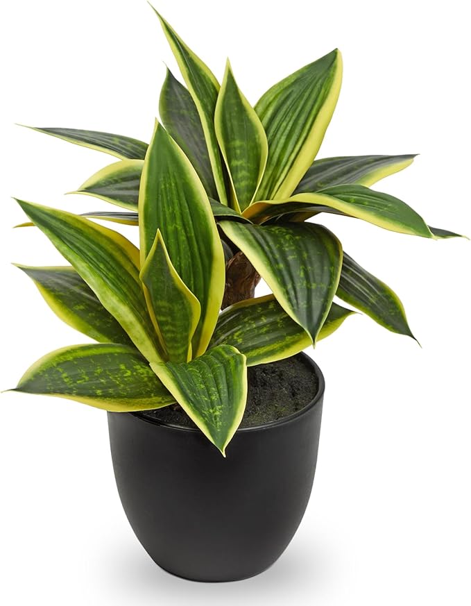 DILATATA Fake Snake Plant 11 Inch Small Potted Good Luck Plant Artificial Snake Plants Faux Mother in Law Tongue Sansevieria Plant - 20 Leaves Fake Laurentii for Indoor Outdoor Home Office Decor