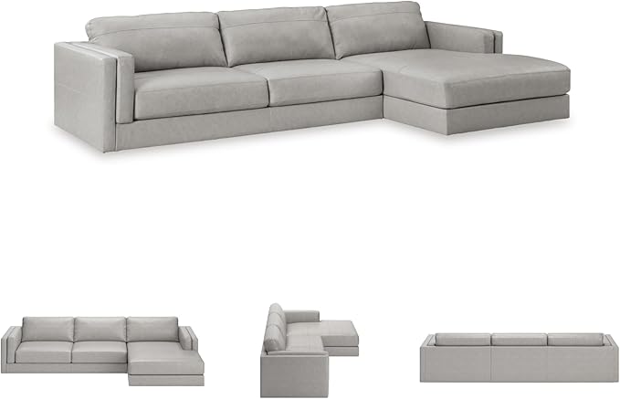 Signature Design by Ashley Amiata Modern L-Shaped Leather Match 2-Piece Sectional with Chaise, Light Gray