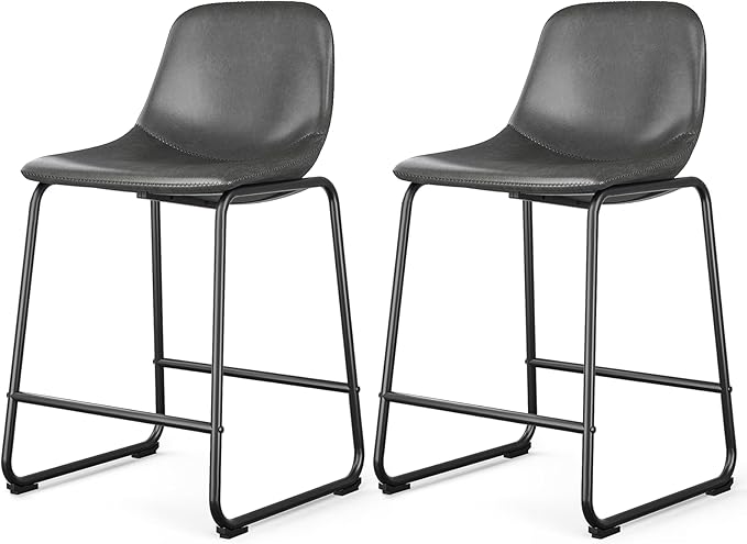 Rfiver Pu Faux Leather Bar Stools Set of 2, Industrial Pub Barstools with Back and Footrest, Modern Armless Bar Height Stool Chairs (Grey, 24" Counter Chair x2)