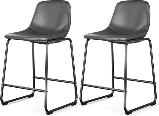 Rfiver Pu Faux Leather Bar Stools Set of 2, Industrial Pub Barstools with Back and Footrest, Modern Armless Bar Height Stool Chairs (Grey, 24" Counter Chair x2)