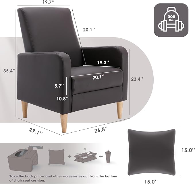 COLAMY Modern Upholstered Accent Chair Armchair with Pillow, PU Leather Reading Living Room Side Chair,Single Sofa with Wood Legs, L-Brown