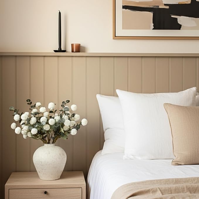 RyddeligHome White Faux Flowers for Vase - Kiku 10 Stems & Eucalyptus, Fake Flowers Stems for Pottery Vase, Realistic Artificial Flowers, Pom Pom Balls for Aesthetic Farmhouse Barn Room Decor