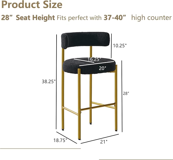 28'' Boucle Bar Stools Set of 2, Black Bar Stools with Backs, Bar Height Stools for Kitchen Island, Upholstered Bar Chairs with Gold Legs