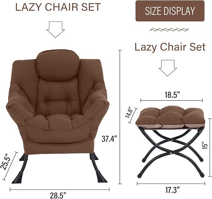 Welnow Lazy Chair with Ottoman, Modern Lounge Accent Armchair with Armrests and a Side Pocket, Leisure Sofa Armchair Set, Reading Chair with Footrest for Small Space, Dark Brown