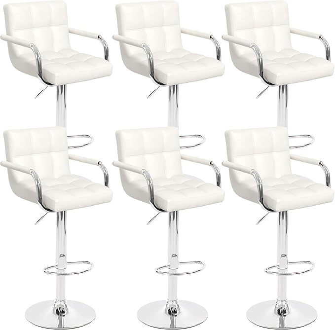 Modern PU Leather Bar Stools Set of 6, Adjustable Swivel Square Bar Chairs, Counter Height Barstools with Arms and Large Base for Island/Kitchen(White)