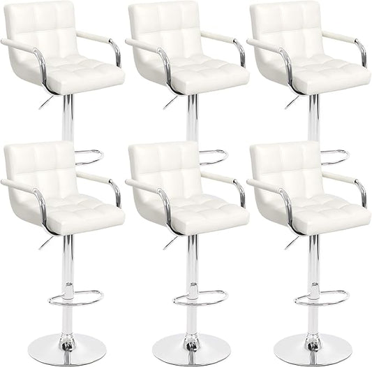 Modern PU Leather Bar Stools Set of 6, Adjustable Swivel Square Bar Chairs, Counter Height Barstools with Arms and Large Base for Island/Kitchen(White)