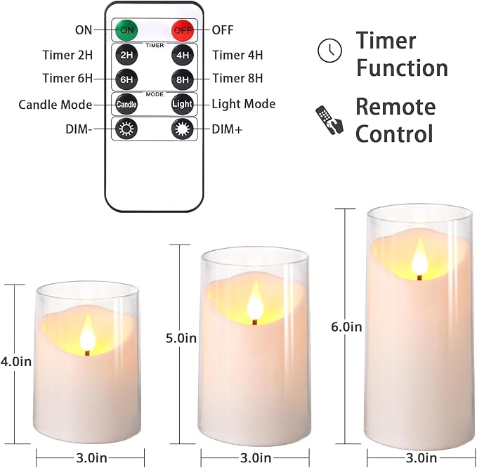 NURADA Flameless Candles with Remote Timer: 3D Wick Battery Operated Led Pillar Unbreakable Acrylic Fake Candle Set for Home Decoration Romantic Ambiance - Pure White 3 Pack