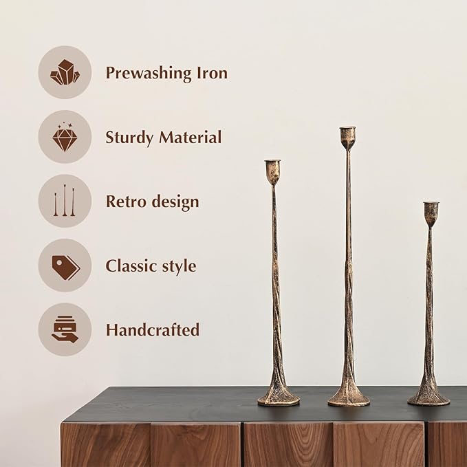 Set of 3 Candle Stick Holders, Iron Antique Gold Candlestick Holders, Fits 3/4 inch Thick Candles, Tapered Candle Holders Tall Set for Dining Table, Wedding, Home Decoration