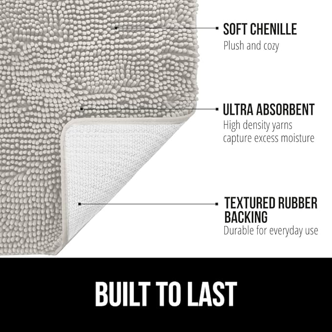 GORILLA GRIP Bath Rug Mat 36x24, Soft Absorbent Chenille, Quick Dry Microfiber Mats, Rubber Backing Washable Shower Floor Rugs, Bathmat Runner, US Designed Bathroom Home Decor Accessories Light Gray