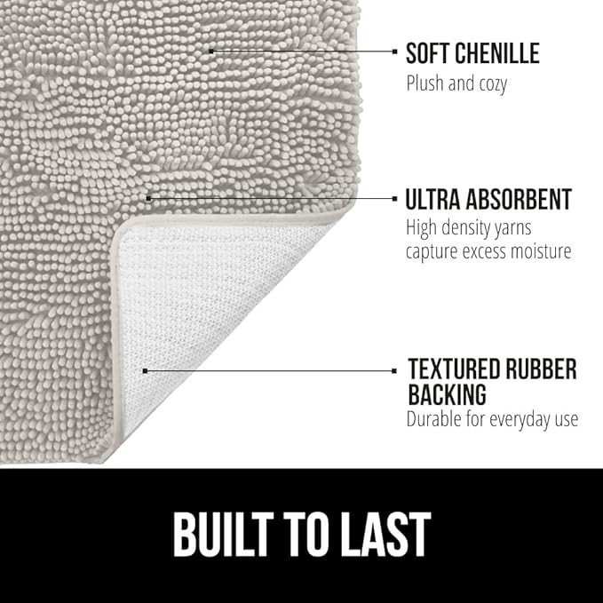 GORILLA GRIP Bath Rug Mat 44x26, Soft Absorbent Chenille, Quick Dry Microfiber Mats, Rubber Backing Washable Shower Floor Rugs, Bathmat Runner, US Designed Bathroom Home Decor Accessories Light Gray