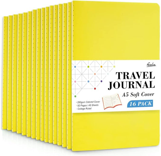 16 Pack Soft Cover Journal Bulk, Feela Lined Notebooks College Ruled for Work for Women Girl Writing, Blank Travel Journal Note Taking Notebook School Business Supplies, 8.2” x 5.5”, A5, Lemon Yellow