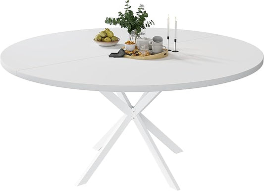 47.24" Round Dining Table, Modern Dining Room Table for 4-6 Person, Wood Round Kitchen Table with Metal Legs, Round Coffee Table for Home Dining Room Living Room (White)