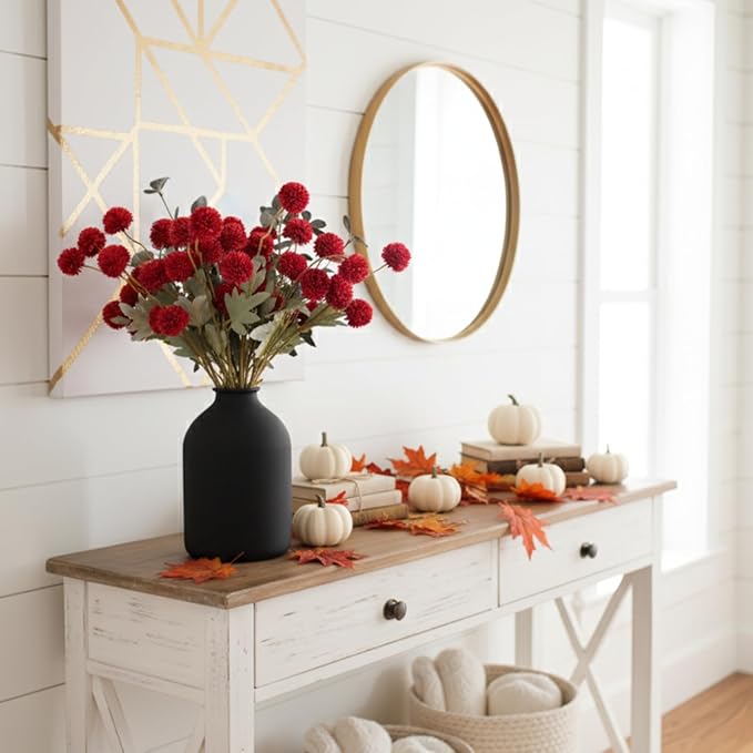 RyddeligHome Burgundy Flowers Artificial 10 Long Stems + Eucalyptus, Thanksgiving Centerpieces for Tables, Wine Colored Silk Flowers for Burgundy Decor, Fall Table Centerpieces, Dark Red Faux Mums