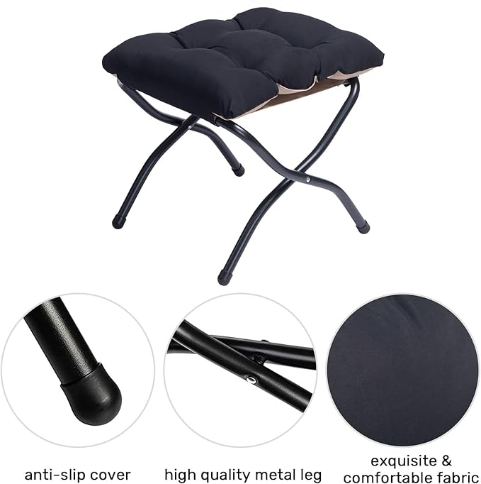 HollyHOME Fabric Lazy Chair with Foldable Ottoman, Accent Comfy Lounge Arm Chair and Folding Footrest Stool Set, Leisure Sofa Reading Chair and Footstool for Living Room, Bedroom, Dorm, Matte Black