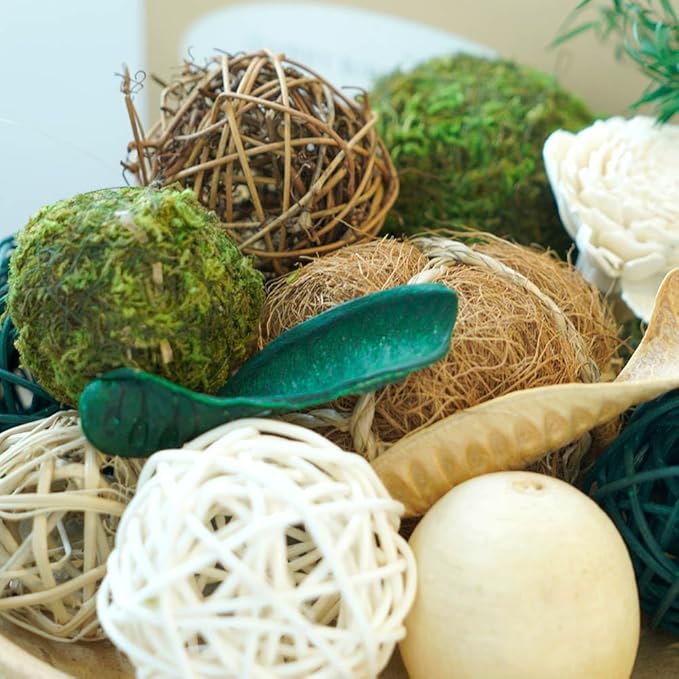 Qingbei Rina Green Moss Decorative Balls for Bowls, Assorted Wicker Rattan Balls Decorative Orbs Woven Spheres, Wedding Bowl Fillers for Home Decor