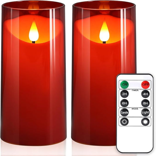 NURADA Flameless Candles with Remote Timer: 3D Wick Battery Operated Led Pillar Fake Candle Set for Wedding Birthday Christmas Decorations - Red 2 Pack