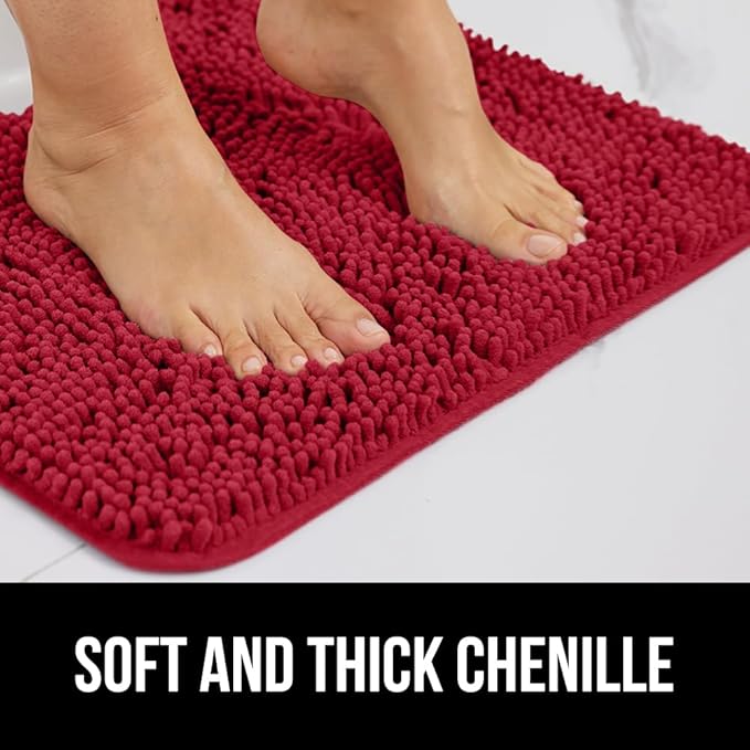 GORILLA GRIP Plush Absorbent Shaggy Chenille Bath Rug Mat for Square Toilet Base with Rubber Backing, Machine Washable Rugs, Soft Microfiber Contour Mats for Toilets, Bathroom Decor, Red