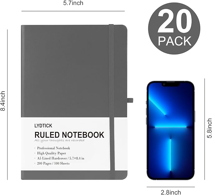 20 Pack Journals for Writing College Ruled Notebooks Journal in Bulk, Hardcover Notebooks (200Pages) for Note Talking, Lined Bullet Journals for Home School Office, 5.7"x8.4", Grey