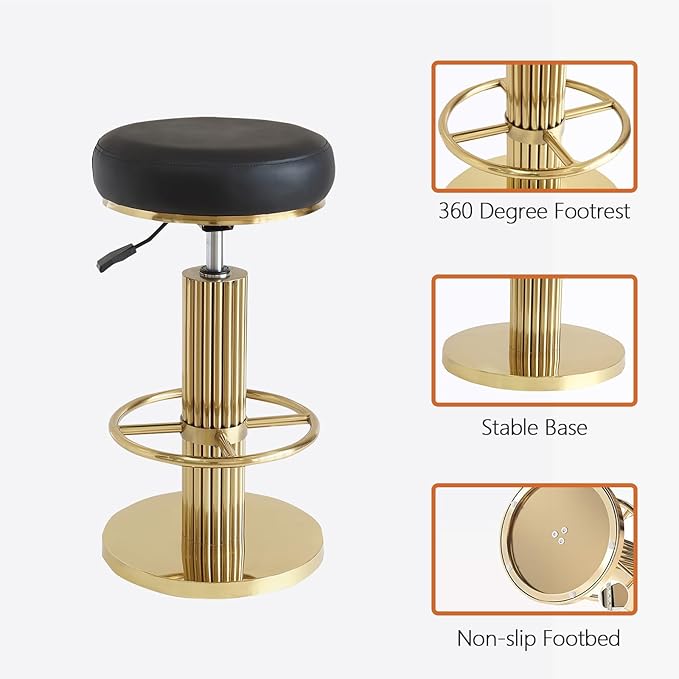 FUNROLUX Gold Bar Stools Adjustable Swivel Counter Stools Modern Backless Counter Height Bar Stools for Kitchen Island with Metal Legs and Upholstered Microfiber Leather (Black)