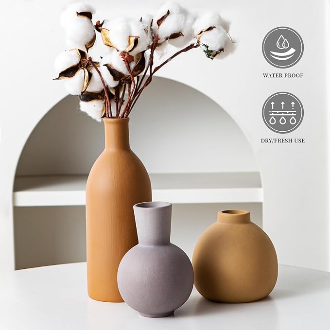 Ceramic Flower Vase Set of 3, Home Decor Vases for Centerpieces, Tulips Flowers Pampas Grass Decor, Boho Rustic Farmhouse Kitchen Bedroom Bathroom Living Room Office Wall Decor Aesthetic -Brown