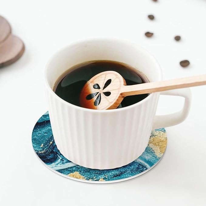 Ocean Gold Blue Marble Coasters Set of 6 Coasters for Drinks Absorbent Double-Sided Leather PVC Coaster for Tabletop Protection Coffee Table Decor Ideal for Home Decor House Warming Gifts