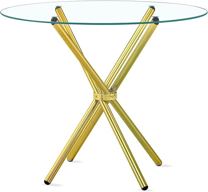 Fab Glass and Mirror Elegant Round Glass Dining Room Table with Clear 1/2-Inch Thick Top and Stylish Base Metal 30" - Gold