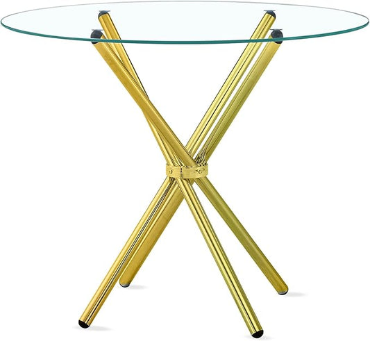 Fab Glass and Mirror 42" Flat Round Hydra Dining Table with Clear Glass Top and Gold Finish Base, Elegant Round Glass Coffee Table, Modern Glass Kitchen Table for Home, Dining Room