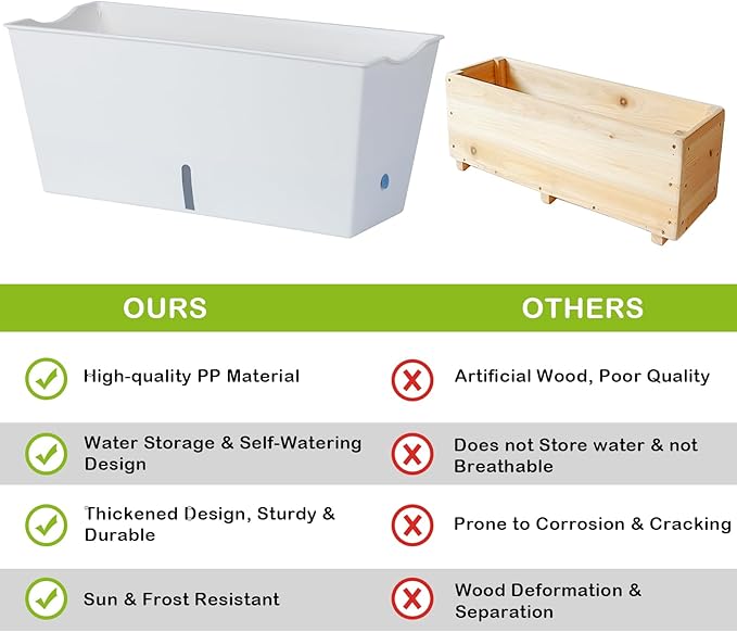 Window Box Planter 6 Pcs, 16.5 Inches Self Watering Rectangle Flower Plant Pots with Drainage Holes Trays, Vegetable Planters for Windowsill Patio Garden Balcony Porch Yard (White)