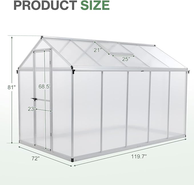 Aoodor 6 x 10 Ft Walk-in Greenhouse with Gutter, Polycarbonate and Heavy-Duty Aluminum Frame, Adjustment Skylight and Lockable 2-Sided Door for Patio, Outdoor, Yard, Lawn Use, Silver