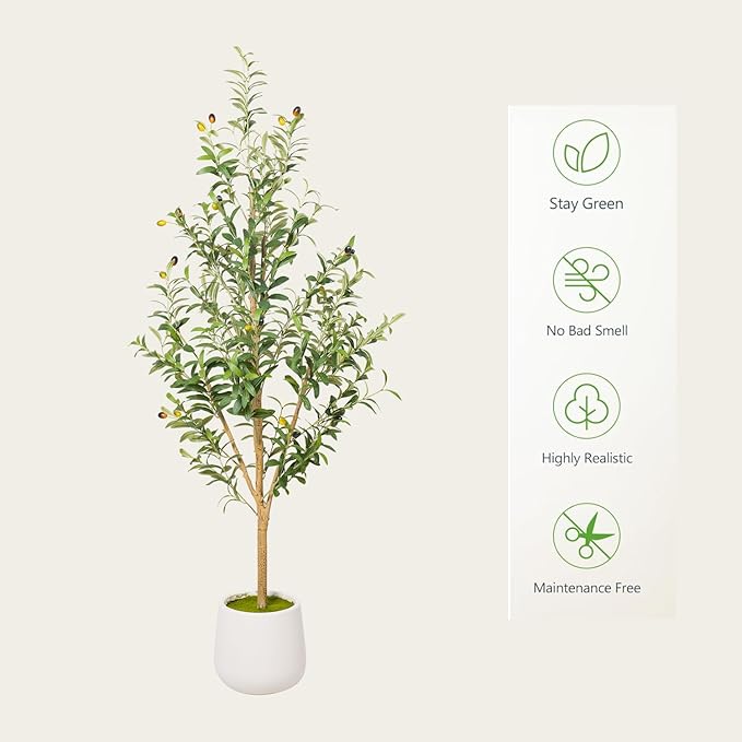 Phimos Artificial Olive Tree with Planter Pot Large Faux Olive Branches and Fruits Artificial Tree for Modern Home Office Living Room Floor Decor Indoor (5.2FT)