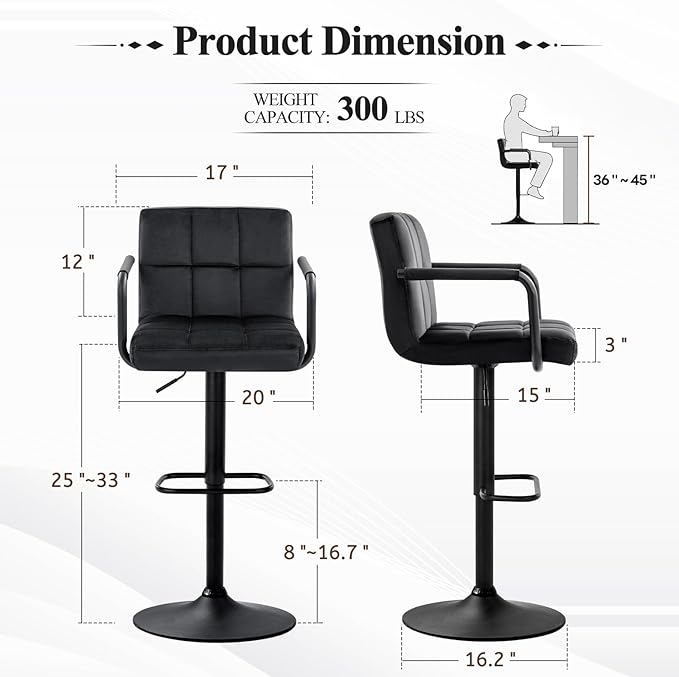 Furniliving Swivel Bar Stools Set of 4, Adjustable Kitchen Counter Height BarStools with Arms, Velvet Upholstered Bar Chair with Back and Footrest for Dining Room, Kitchen, Pub, Bar (Black)