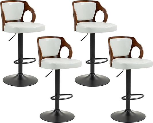 ECOTOUGE Swivel Bar Stools Set of 4, Height Adjustable Bentwood Island Stools, Modern Counter Height Bar Stools, Faux Leather Counter Stools with Back & Footrest, White