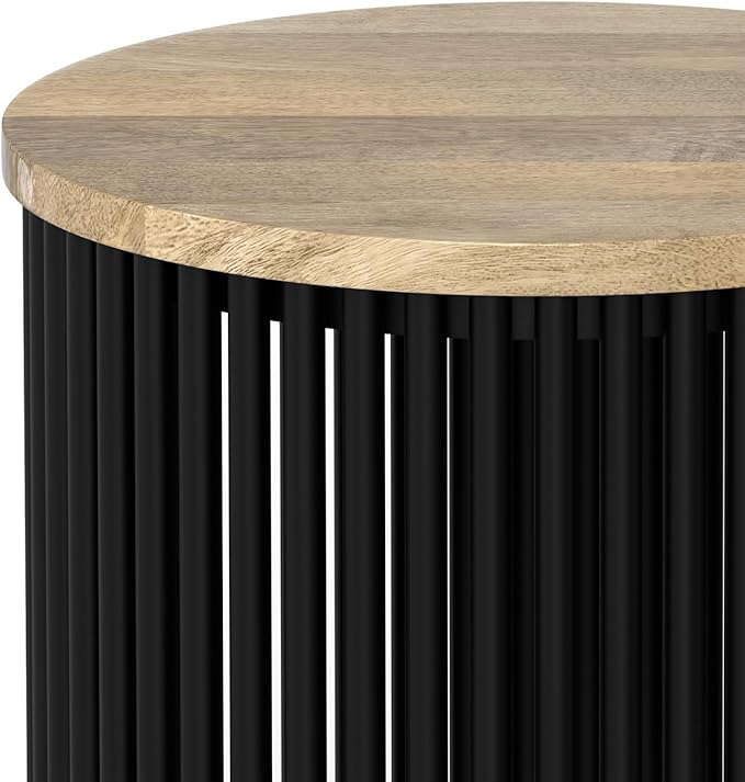 SIMPLIHOME Demy 20 inch Wide Tall Side Table in Natural Solid Mango Wood/Black Metal, Slim Round Accent Table for Living Room, Bedroom, or Entryway, Industrial Style Assembled