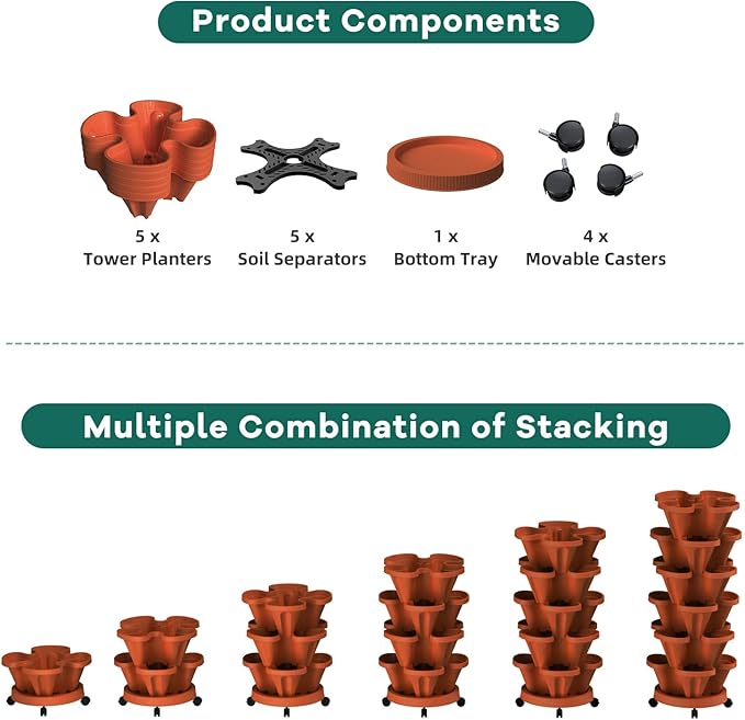 Strawberry Stackable Planter, Vertical Tower Garden, 5 Tiered Stacking Herb Vegetable Planters with Movable Casters and Bottom Saucer Indoor and Outdoor - Terra Cotta