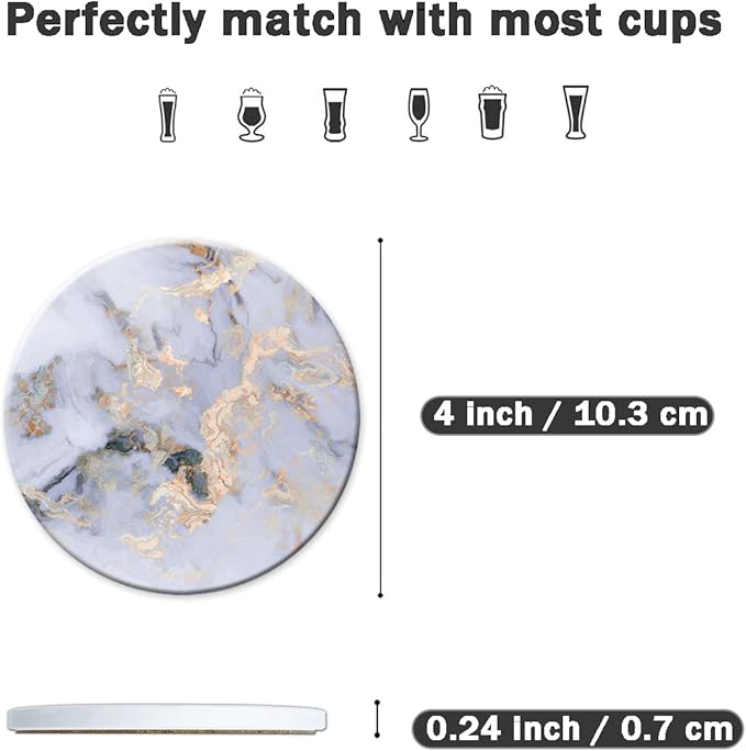 DOOKE Drink Coasters Set of 6, Round Absorbent Ceramic Stone Coasters with Cork Base, Funny Drink Coasters with Holder for Cold Drinks Wine Mugs and Cups, 4 Inch, Marble