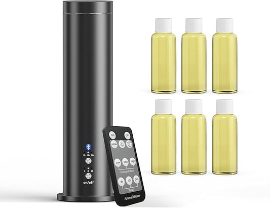Waterless Scent Diffuser with Bluetooth - 100ml Essential Oil Diffuser Machine for Home, Office,Spa - Aromatherapy Fragrance Diffuser with 6 Essential Oils Included,Remote & App Control,Black