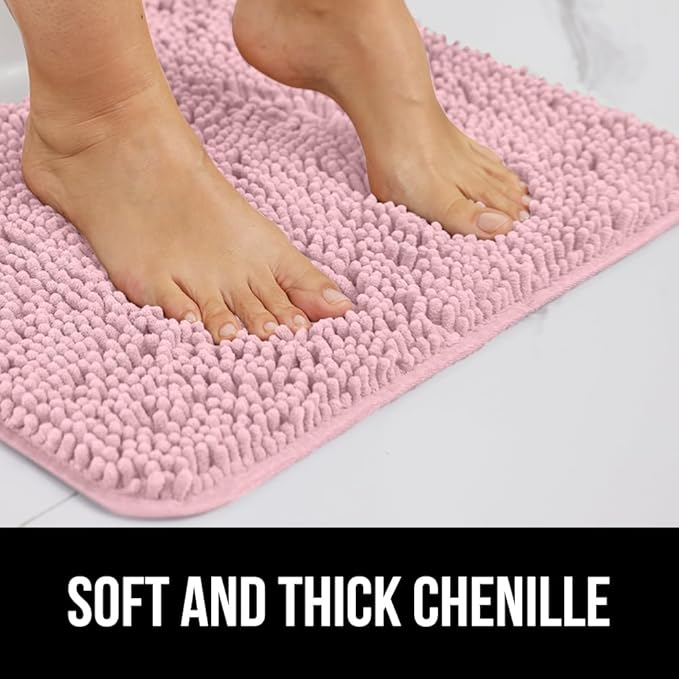 GORILLA GRIP Plush Absorbent Shaggy Chenille Bath Rug Mat for Square Toilet Base with Rubber Backing, Machine Washable Rugs, Soft Microfiber Contour Mats for Toilets, Bathroom Decor, Lt Pink
