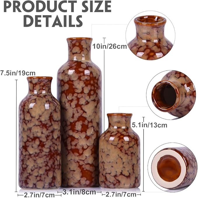 Ceramic Vase Set of 3, Modern Home Decor Distressed Rift Ceramic Small vase for Country Home Decoration, Living Room Decor, Table Decor, and Entrance Decoration(Vase-B)