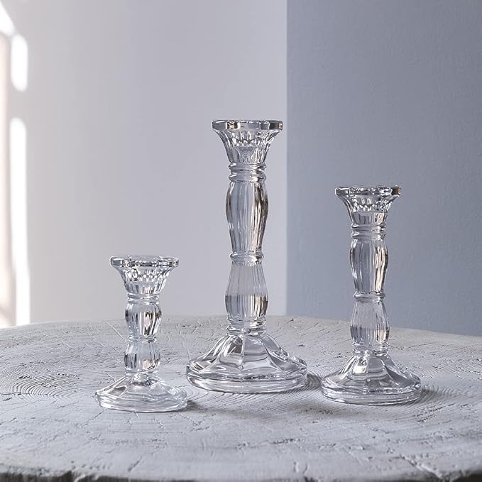 3Pack Glass Candle Stick Holders - Clear Crystal Taper Candles Holder– Table Centerpieces for Buring Candles, Led Taper Candle,Party and Wedding Decoration(4,6,8inches Tall)