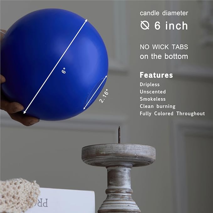 MOZEAL Hand-Poured, 6 Inch Blue Large Round Ball Candles - Elegant Blue Round Pillar Candles, Dripless, Unscented, Smokeless, Ideal for Summer Parties.