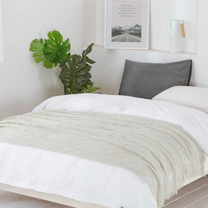 BOURINA Beige Throw Blanket 60x80 Inches Throw Textured Solid Soft Sofa Throw Couch Knitted Decorative Blanket